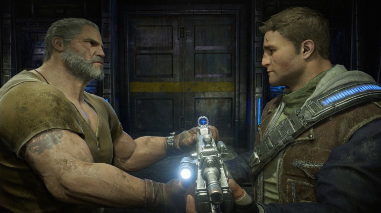 Screenshot from an in-game cut scene between Marcus and JD Fenix.