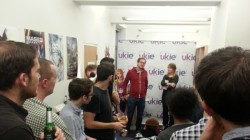 Handing out the awards after the game jam. Andrew Smith, Kevin Chandler, Karn Bianco, and Dr. Jo Twist are visible in this picture.