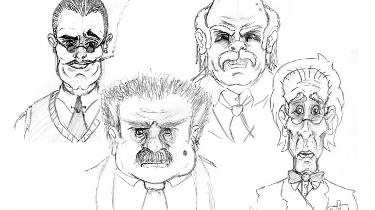 Some concept sketches for Dr. Necro, the main villain of the game. The final version of the game made use of the design in the bottom-right hand corner.
