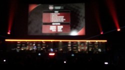 A blurry picture of the pre-match statistics taken from the cinema's public seating area at Gfinity Spring Masters 2.