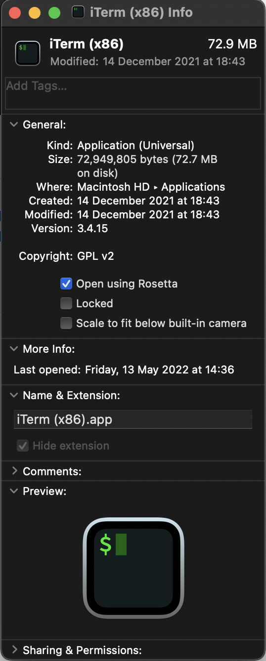 Modifying the properties of your iTerm duplicate After you've duplicated your iTerm installation and renamed it appropriately, you will then have to modify the properties so that it launches with Rosetta.